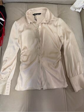 Zara Cream Satin Button-Down Blouse